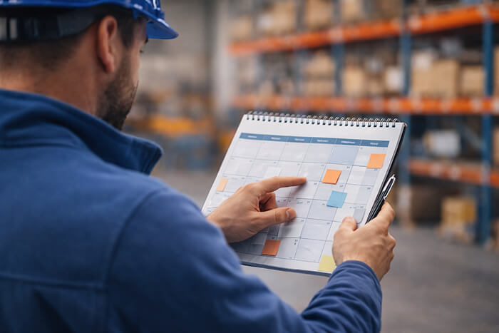 Man in a blue helmet and work clothes holding a planner with colourful notes in a warehouse.