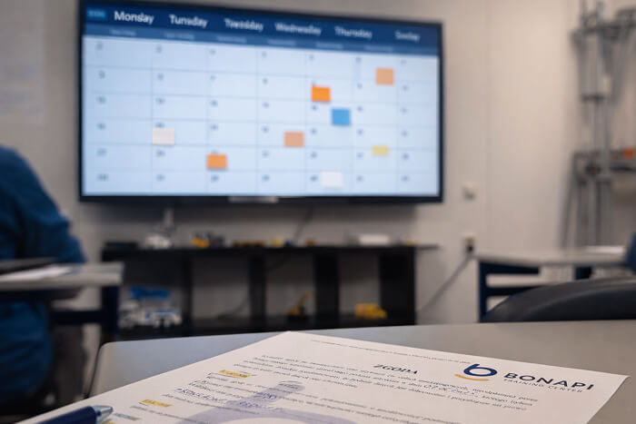 Monitor showing a weekly schedule and a document with the Bonapi logo on a desk.