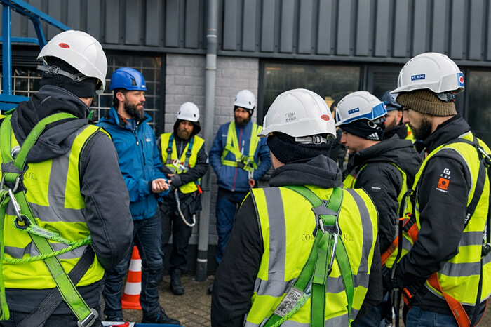 Group of workers in high-visibility vests, helmets and safety harnesses during practical training.