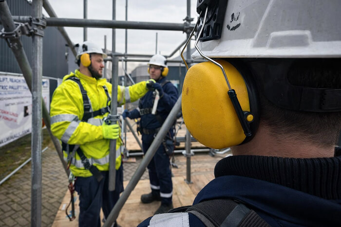 Workers in protective clothing and helmets during practical scaffolding training.